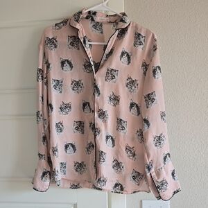 Mango Satin Pink Cat Print Shirt